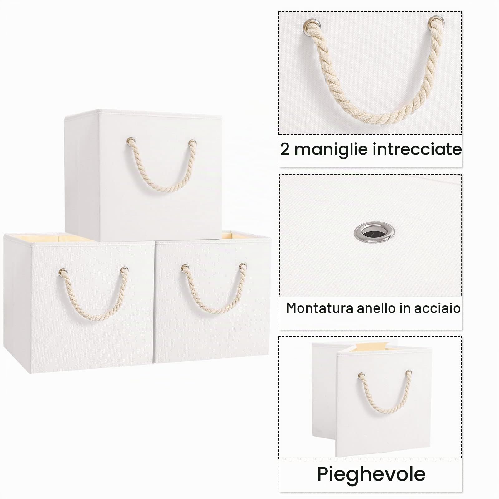 Yawinhe 4 Set Cubi Portaoggetti Scaffale,33x33x33cm Organizzazione,Bianco | Contenitori in Tessuto con Manico;Organizzatori per Armadio;Scatole Portaoggetti Pieghevoli,per Conservare Vestiti