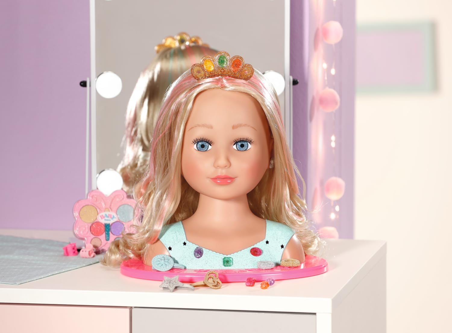 BABY Born Styling Head Głowa do Makijażu dla Dzieci z Długimi Blond Włosami, Paleta, Szczotka i Akcesoria