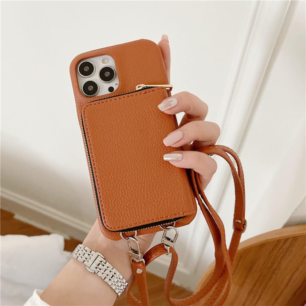 Funda para teléfono con correa para el hombro y billetera con cremallera para iPhone 15 15Pro Max 14 Plus 13 Pro 12 11 Funda trasera con bolsillo para tarjeta con cordón de cuero PU, D, para iPhone 1