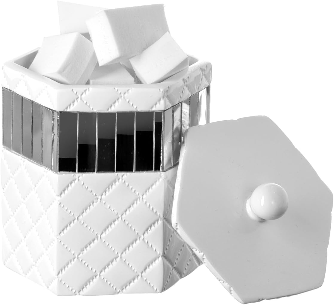 Creative Scents Quilted Mirror Q-Tip Holder, Decorative Bathroom Vanity Canister Jars With Lids for Cotton Balls, Durable Resin Cosmetic Pads & Swabs Container, Best Toothpicks dispenser