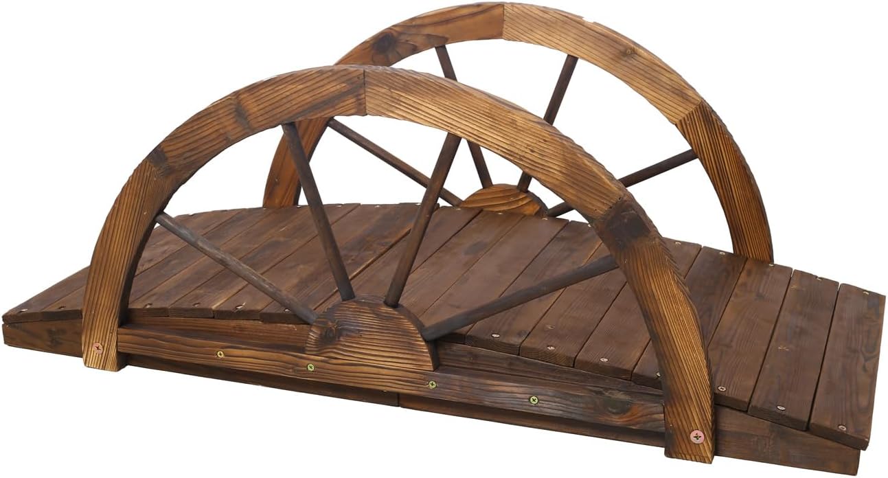 3.3 FT Wooden Garden Bridge Arc Footbridge with Half-Wheel Style Railings & Solid Fir Construction