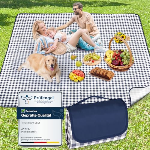 Anyiner Picknickdecke 200x200 cm, Sandfest Stranddecke Wasserdicht Campingdecke, Waschbar Leichtgewicht mit Tragegriff, Ideal für Outdoor, Camping, Strand & Familienpicknick (Blau Kariert)