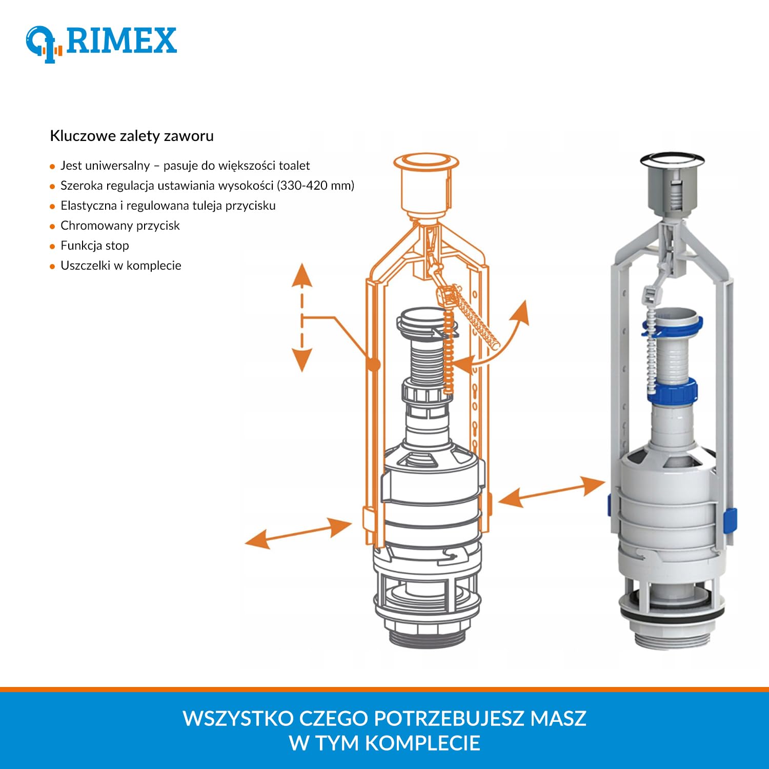 Rimex Zawór Spustowy Spłuczki Toalety 107 mm Zawór Do Spłuczki WC Z Funkcją Stopu Z Zestawem Naprawczym Do Spłuczki Toalety Z Uszczelkami Śrubami