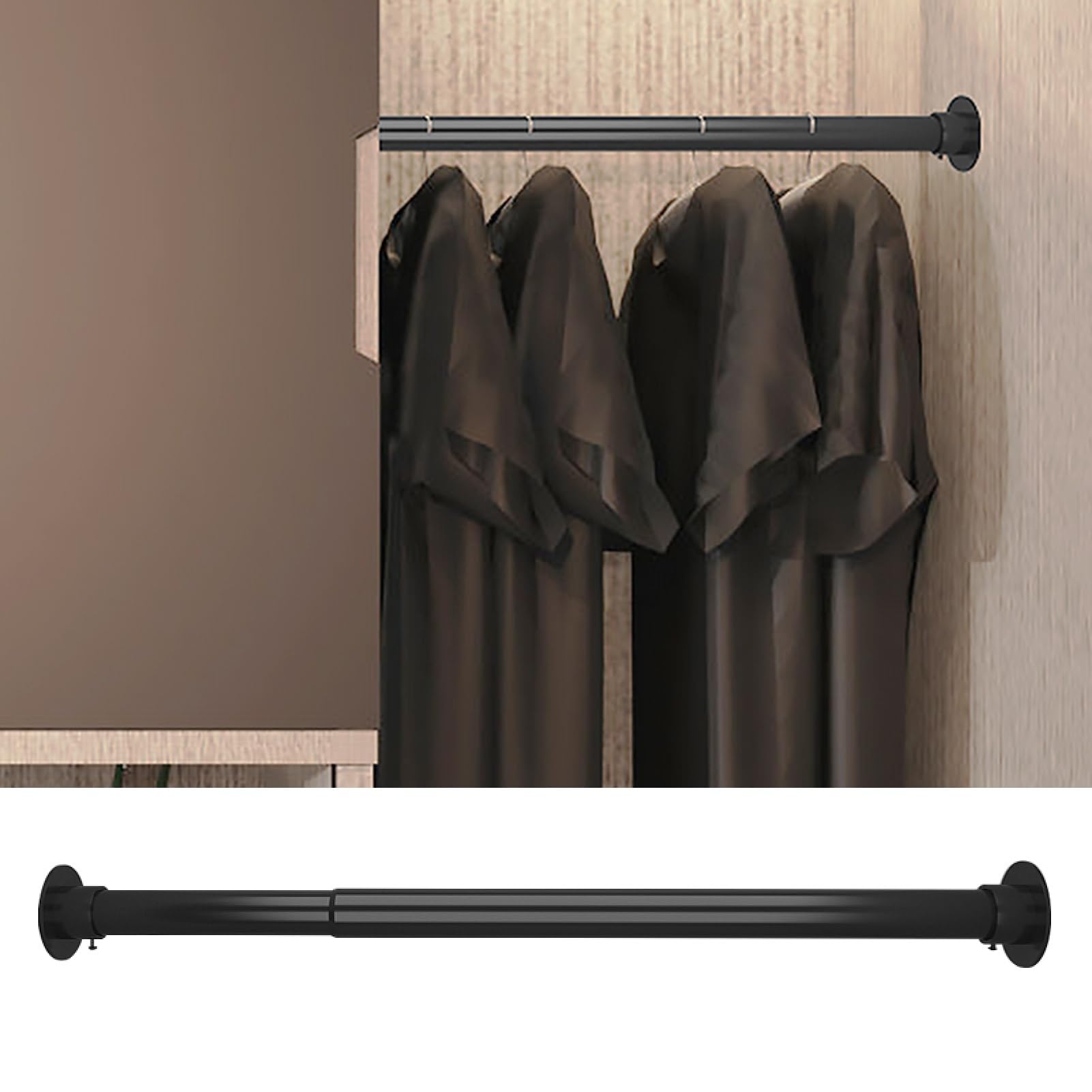 Black Metal Wardrobe Hanging Rod, Laundry Adjustable Closet Tension Pole, Wall Mount Clothes Hanger Telescopic Bar for Clothing Stores(90-160cm)