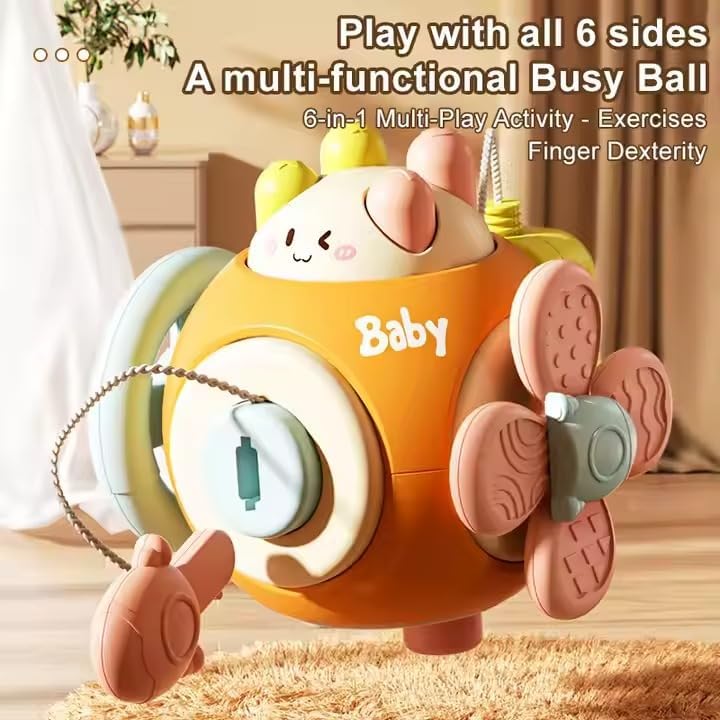 Image of 6-in-1 Baby Sensory Busy Cube Toy for Toddlers - Montessori Educational Activity Cube - Fine Motor Skills Quiet Travel Toy for Infants (Orange)