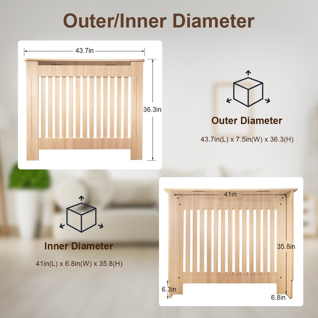 radiator cover cabinet - 44"x36"x 7.5" solid wood heater enclosure shelf with top, for home decor and safe (natural)