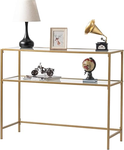 Ochine Mesa de sofá de vidrio templado, mesa de entrada moderna, mesa de vidrio templado, mesa de sofá delgada detrás del sofá con marco de metal