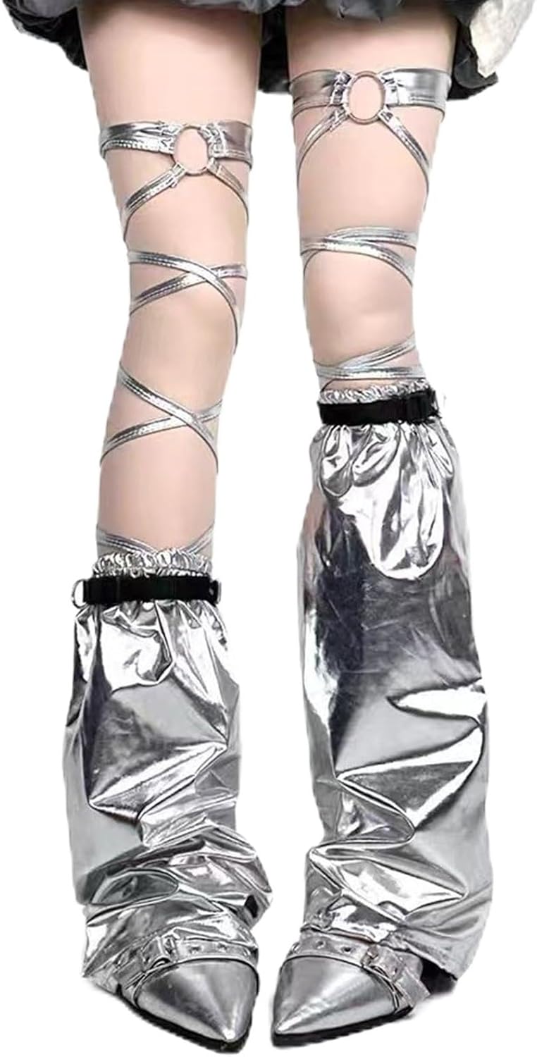 Women Punk Metallic Leg Warmer Silver Baggy Loose Buckled Strap Hippie Gothic Y2k Flared Leg Cover