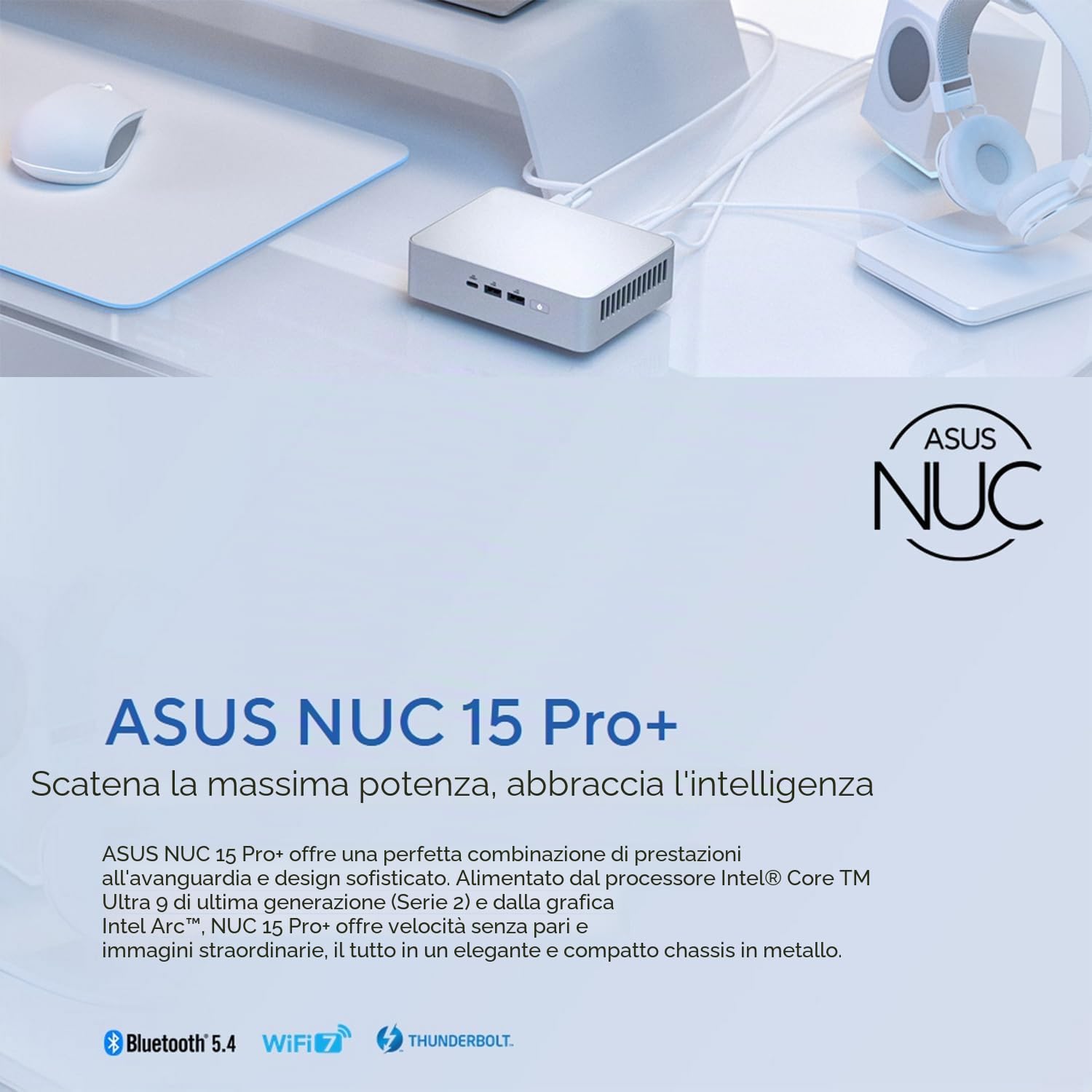 NUC 15 Pro+ NUC15CRSU9 - Elegante mini PC con processore Intel Core Ultra 9, grafica ad arco, Dual HDMI, Thunderbolt 4, ideale per lavoro, giochi e creatività (Barebone NO RAM, SSD, OS)