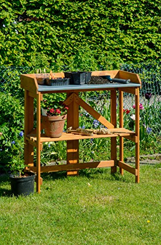 dobar® Klappbarer Pflanztisch | Gärtnertisch Massivholz | Faltbarer Umtopftisch mit Zinkplatte | Blumentisch für Garten/Terrasse/Balkon | 85 x 44 x 89 cm | Braun