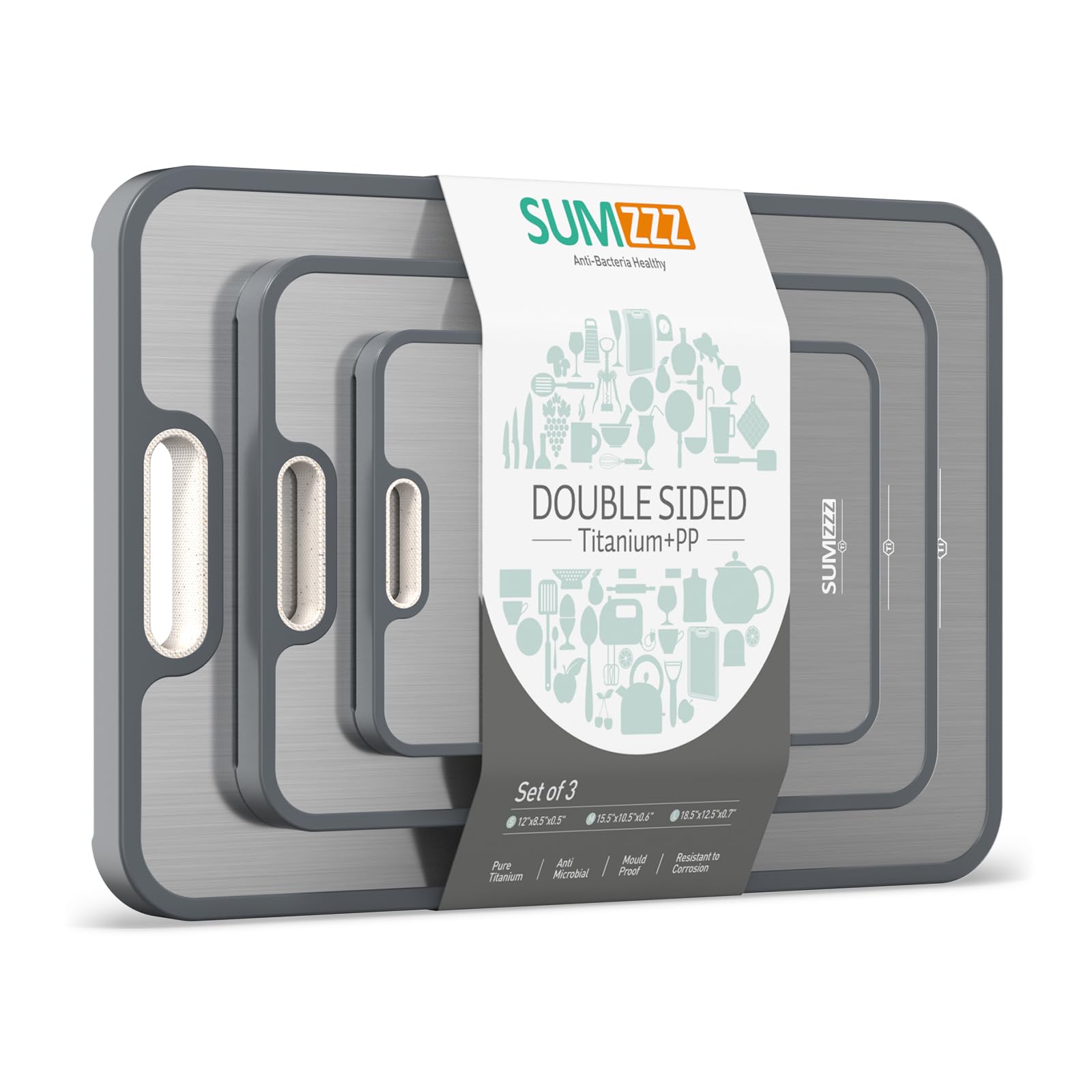 Titanium Cutting Board for Kitchen, Food Grade Pure Titanium/PP, Cutting Board Double Sided, Easy to Clean[18”*12.5”+15.5”*10.5”+12”*8.5”]