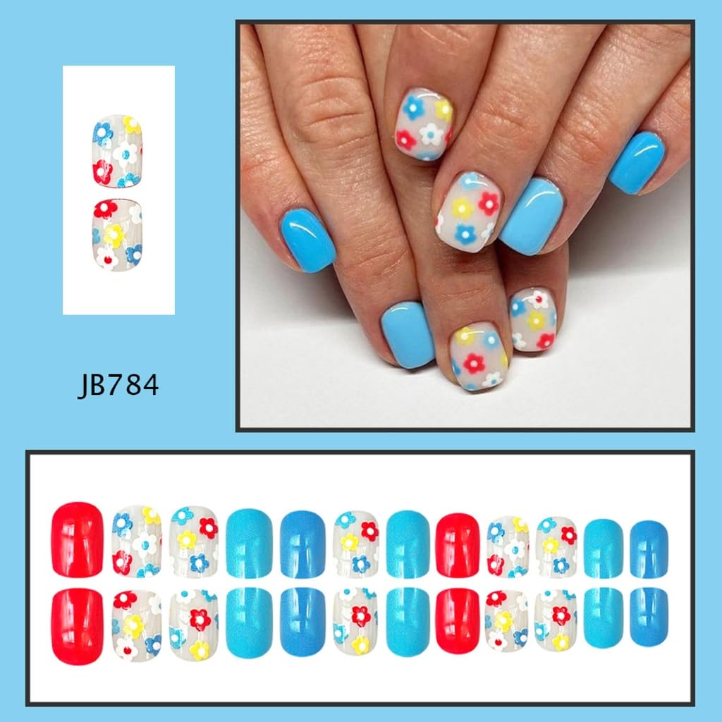 24x Glossy Full Covers Stick on Nails Flowers Color Artificial Nails Short Square False Nails