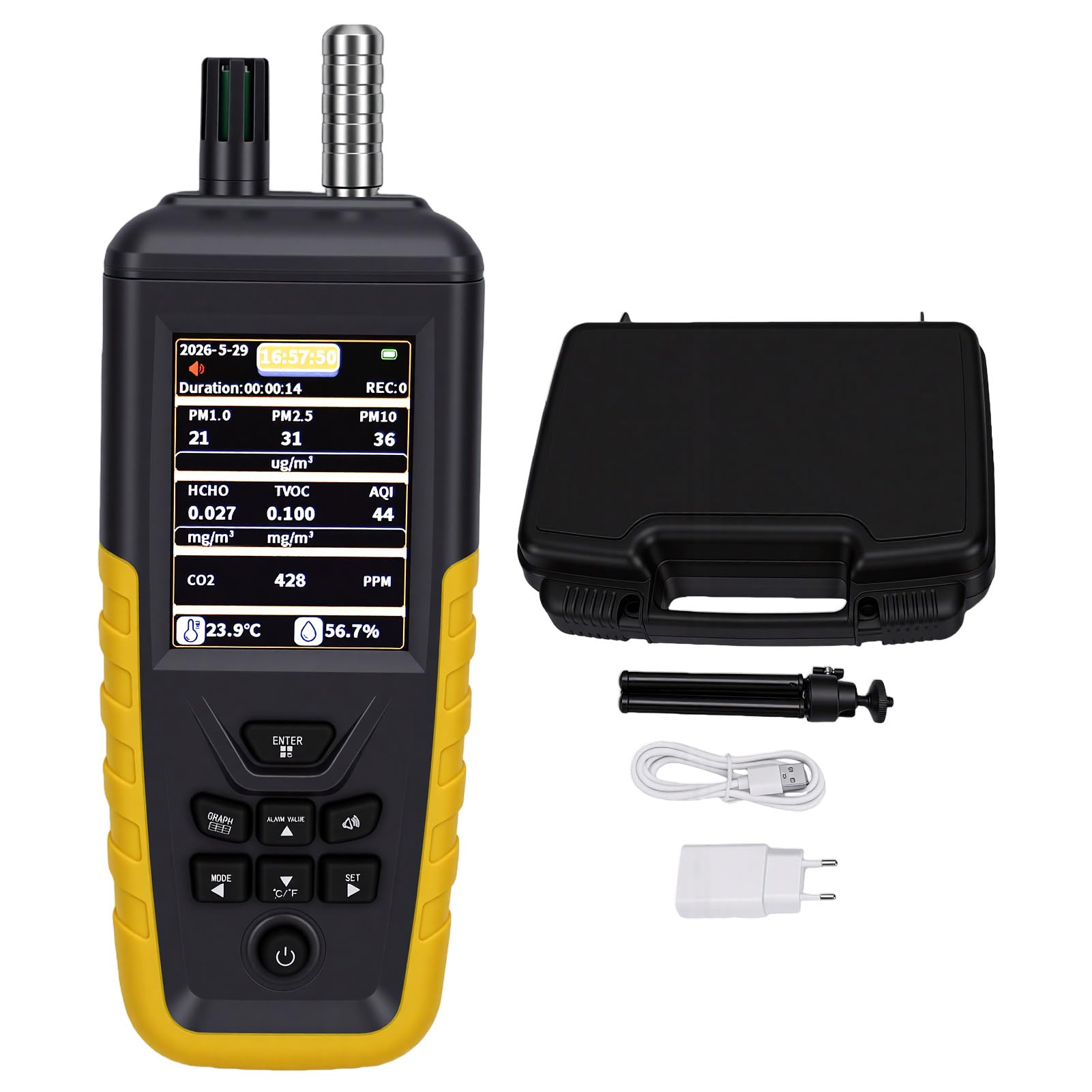 Luftqualitätsmonitor, Tester, Staubpartikelzähler, CO2, VOC, Formaldehyd, Luftqualitätsmessgerät, PM1,0, PM2,5, PM10, Temperatur, Luftfeuchtigkeit, 2200 MAh, Batterie für