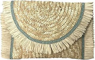 Fashion Culture Junia Woven Straw Fringe Trim Clutch, Natural Aqua