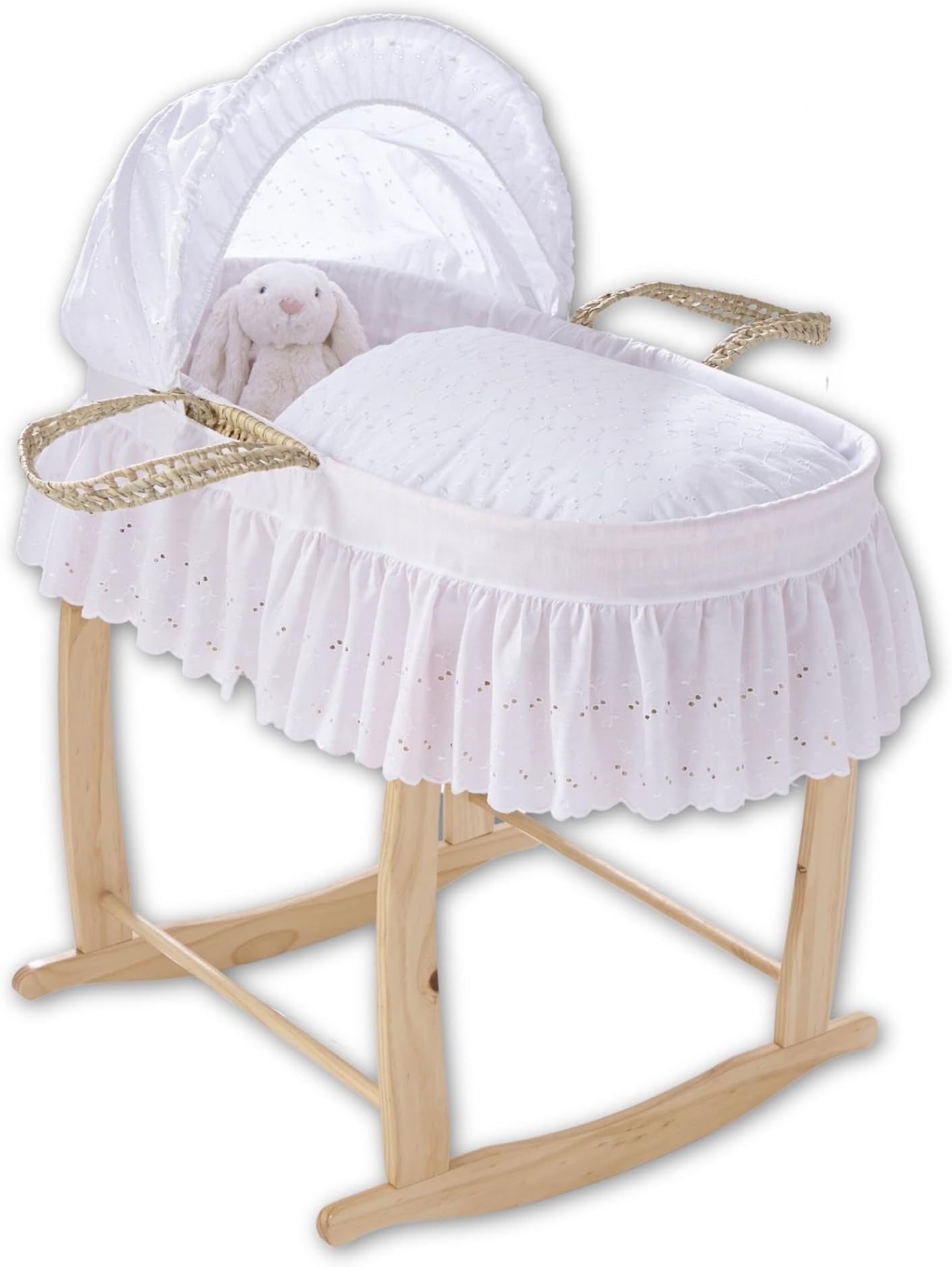 Clair de Lune Broderie Anglaise Palm Moses Basket with Deluxe Rocking Stand, Baby Bassinet 75 x 28 cm