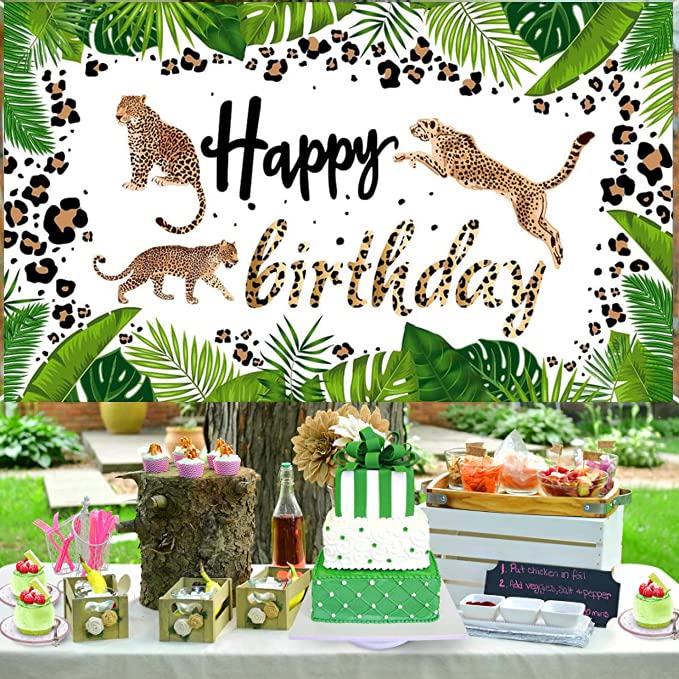 Jungle Animal Happy Birthday Backdrop Banner - Safari Party Decor For 1st, 2nd, 3rd Birthday - Neon Leopard Cheetah Theme - 4.9x3.3ft Photo Background
