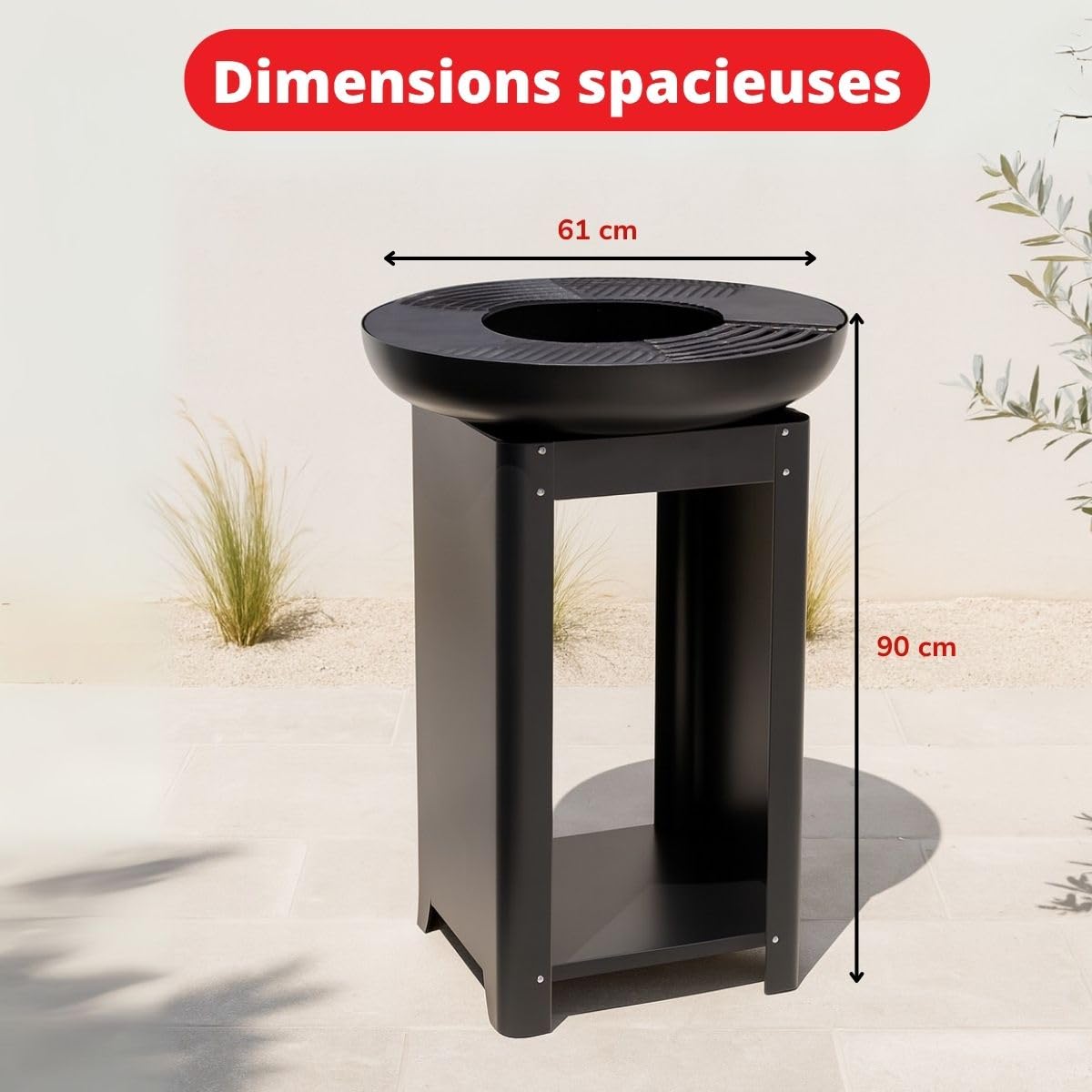 BBQ Collection Palenisko 3 w 1 z rusztem do grillowania – kosz paleniskowy 61 x 90 cm – kuchnia outdoorowa z teppanyaki i płytą grillową – Plancha BBQ z miejscem do przechowywania drewna – kominek