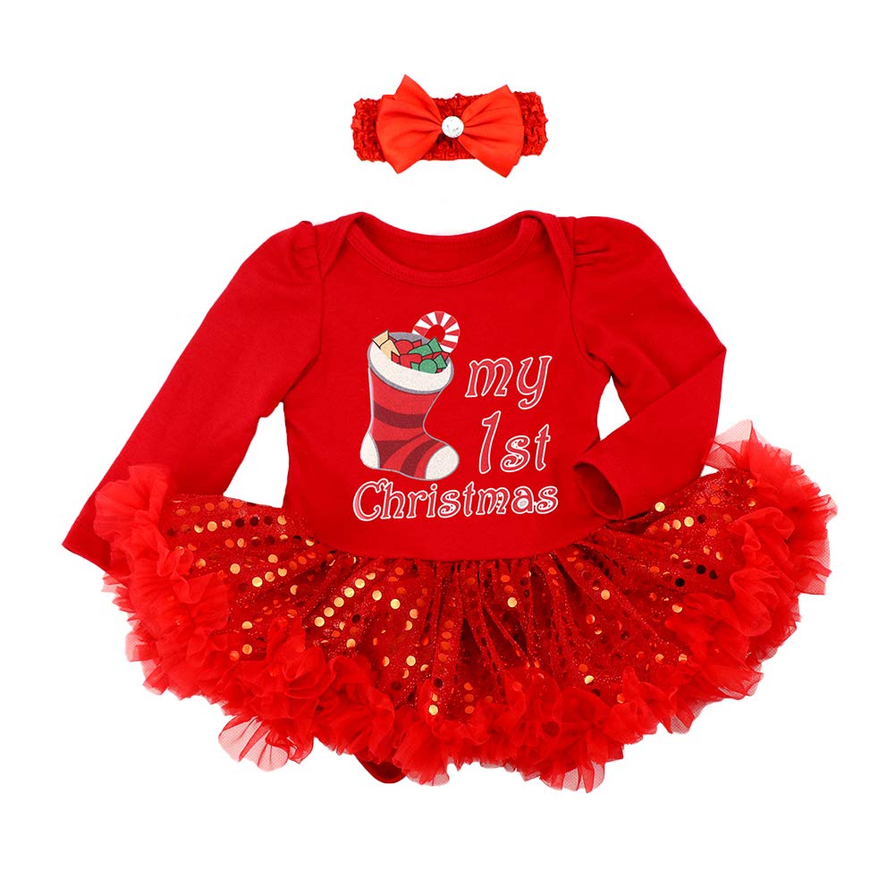 Baby Girls Ruffle Long Sleeve Xmas Romper Tutu Dress Newborn Christmas Outfit My First Christmas Outfit Fall Winter Clothes Traje De Navidad Para Reci?n Nacidos My 1st Christmas Red-Gifts 6-12 Months