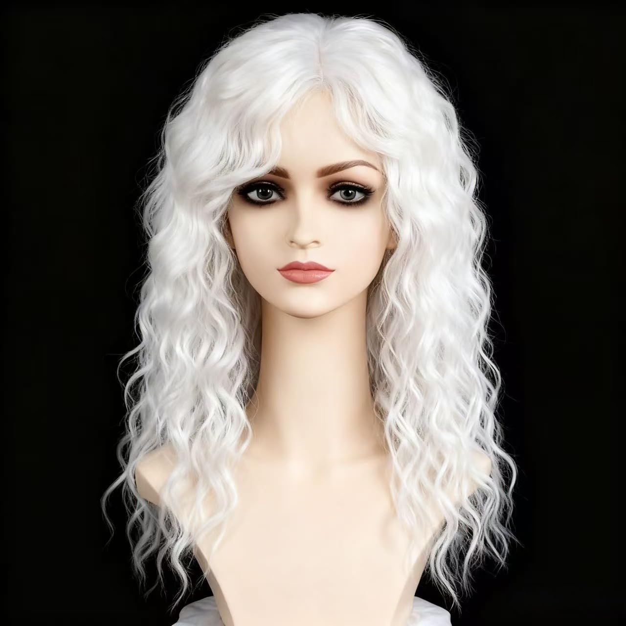 Daiaces White Curly Wigs with Bangs for Women Long Soft Curly Wavy Wigs Natural Synthetic Hair Party Halloween Costume Cosplay Wigs