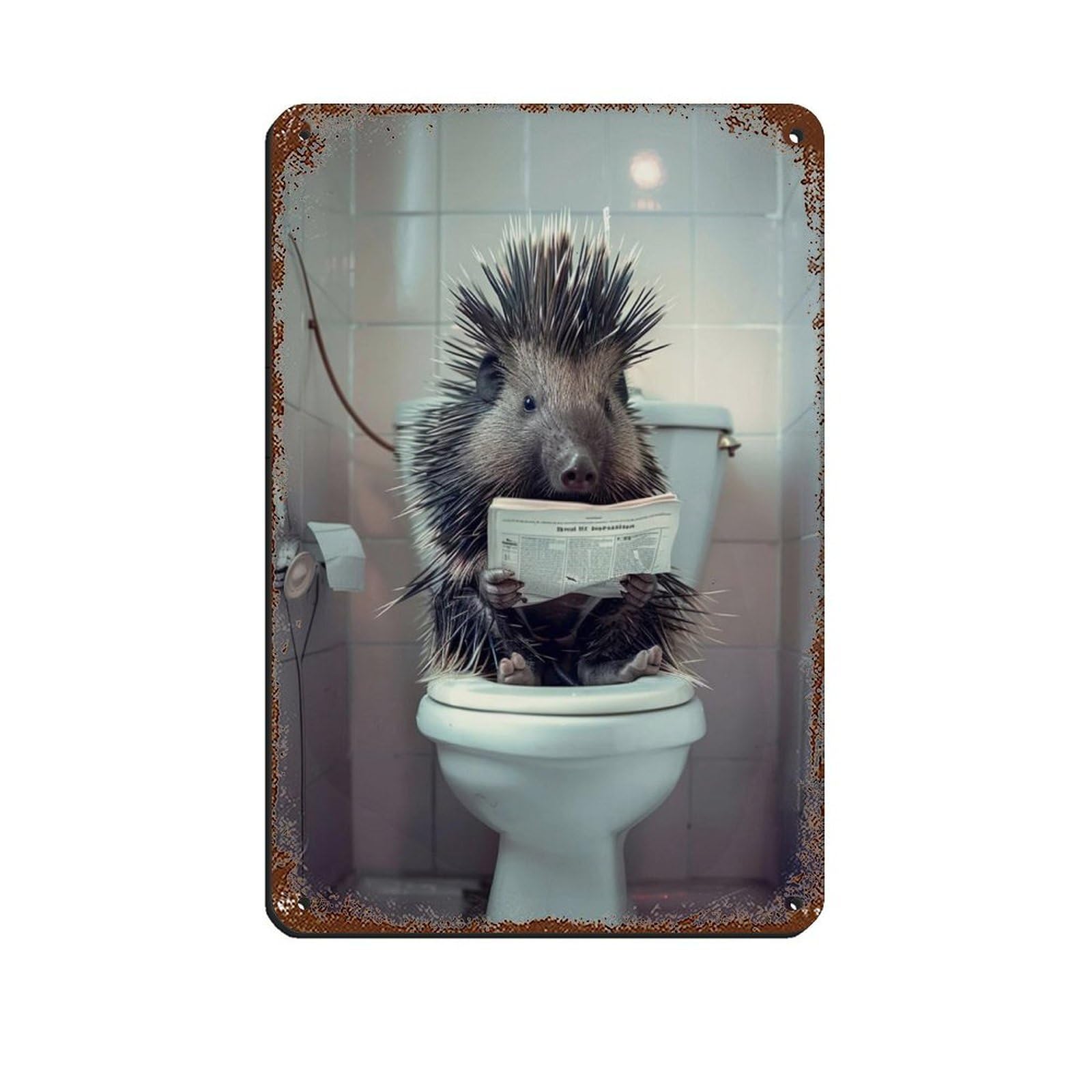 Porcupine Sitting on The Toilet Reading A Newspaper (13) Tin Sign Vintage Metal Pub Club Cafe Bar Home Wall Art Decoration Poster Retro 8x12inch(20x30cm)