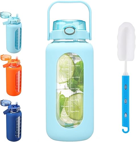 Botella de agua de vidrio de 64 onzas con tapa con popote, botella motivacional de medio galón con asa y funda de silicona y marcador de tiempo,
