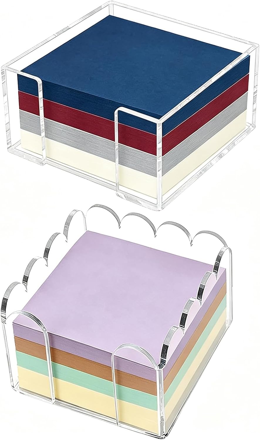 2-Pack Acrylic Sticky Note Holder Set, Scalloped & Straight Edge Design, 3x3 Inch Clear Notepad Dispenser, Cute Desk Organizer for Office Supplies, Home & Dorm Desk Decor