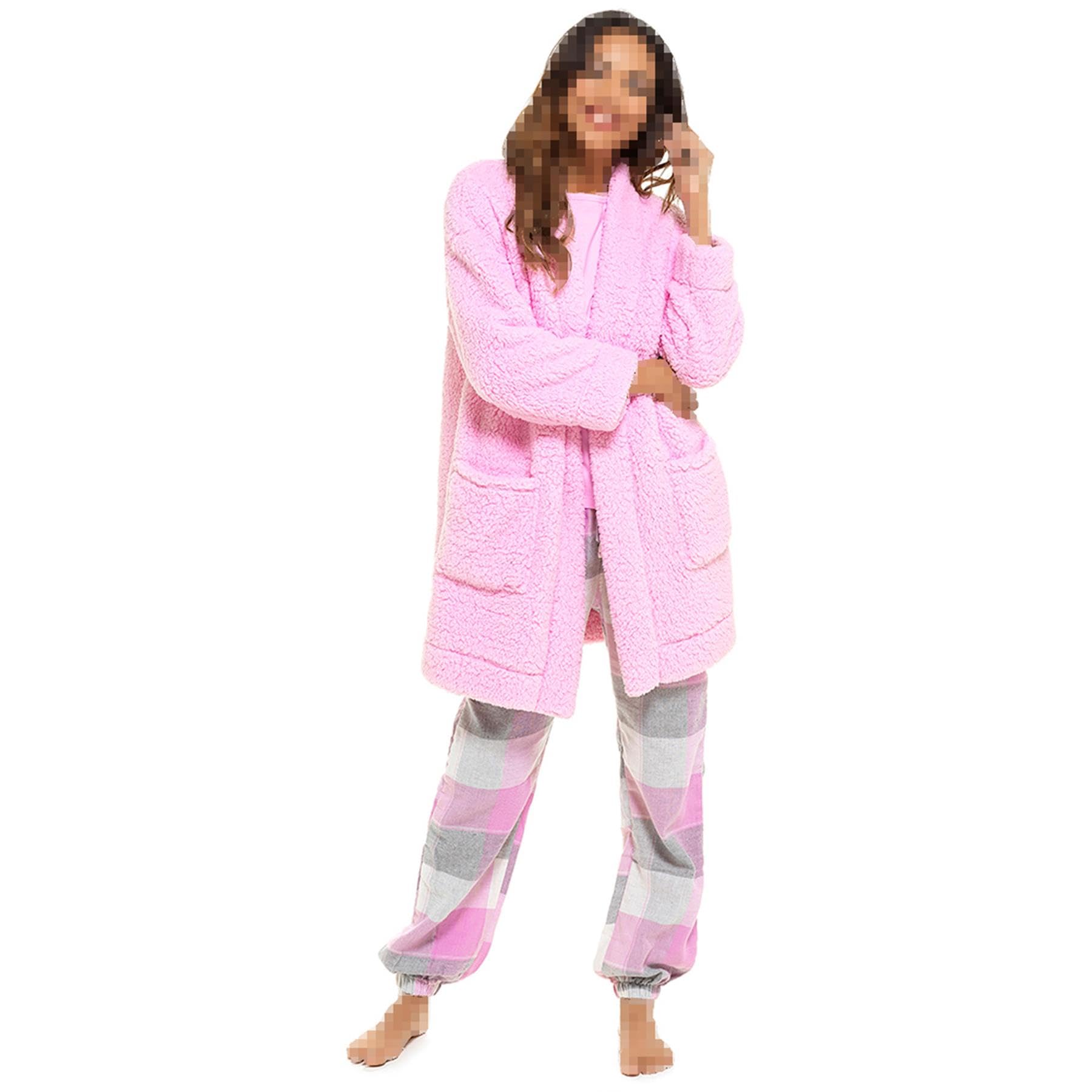 A2Z Ladies Foxbury Sherpa Fluffy Fleece Cardi Edge To Edge Dressing Gown - Robe 1704 Pink 16-18