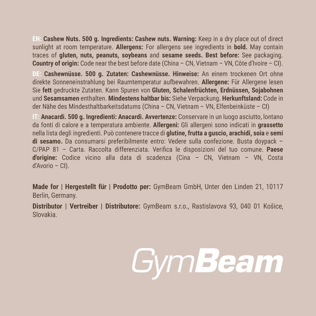 GymBeam Cashewkerne (naturbelassen) - Nüsse Großpackung, Cashewnüsse mit köstlichem Buttergeschmack, gesunde Fette, ohne Salz und Zusatzstoffe, für einen optimalen Cholesterinspiegel (500 g)