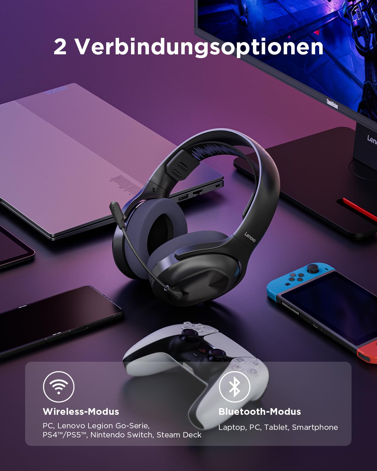 Lenovo Legion H410 Wireless Gaming Headset | Gaming Kopfhörer | schwarz-dunkelviolett