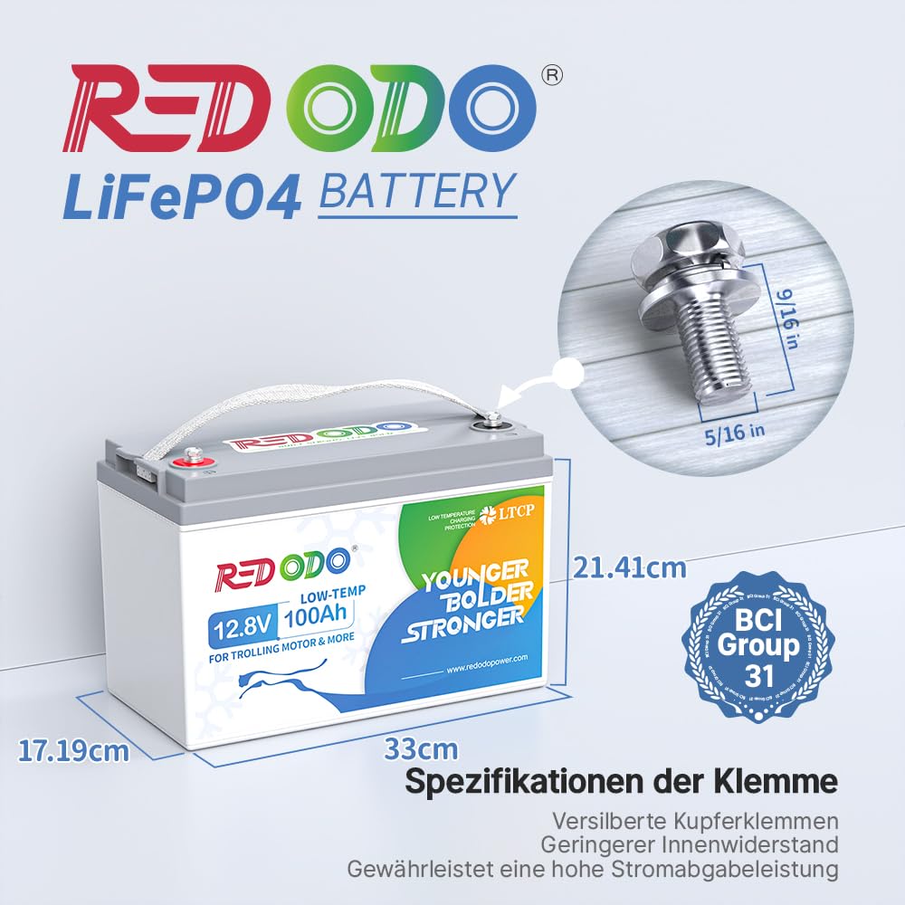 Redodo 12,8 V 100 Ah Low Temp Cut-Off LiFePO4 Deep Cycle akumulator o mocy 1280 W, wbudowany akumulator litowy 100 A BMS, 4000+ cykli ponownego ładowania, idealny do silników trollingowych, systemów