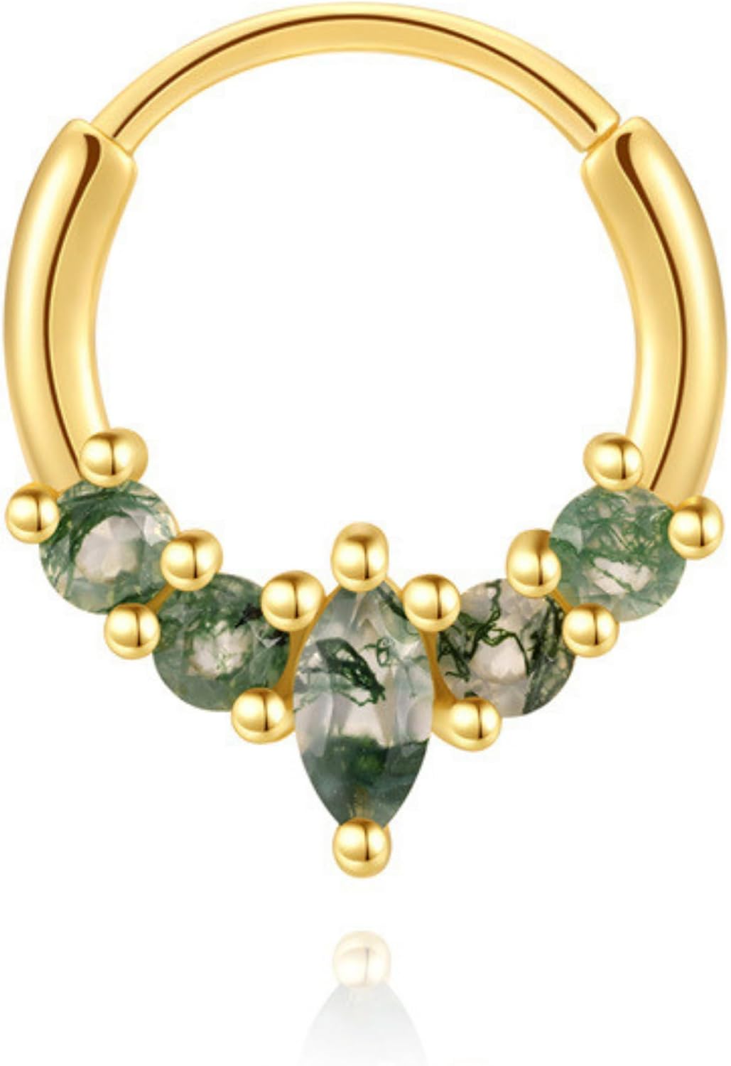 925 Sterling Silver Hinged Segment Hoop Nose Ring, Piercing Jewelry, Natural Moss Agate Marquise Stones