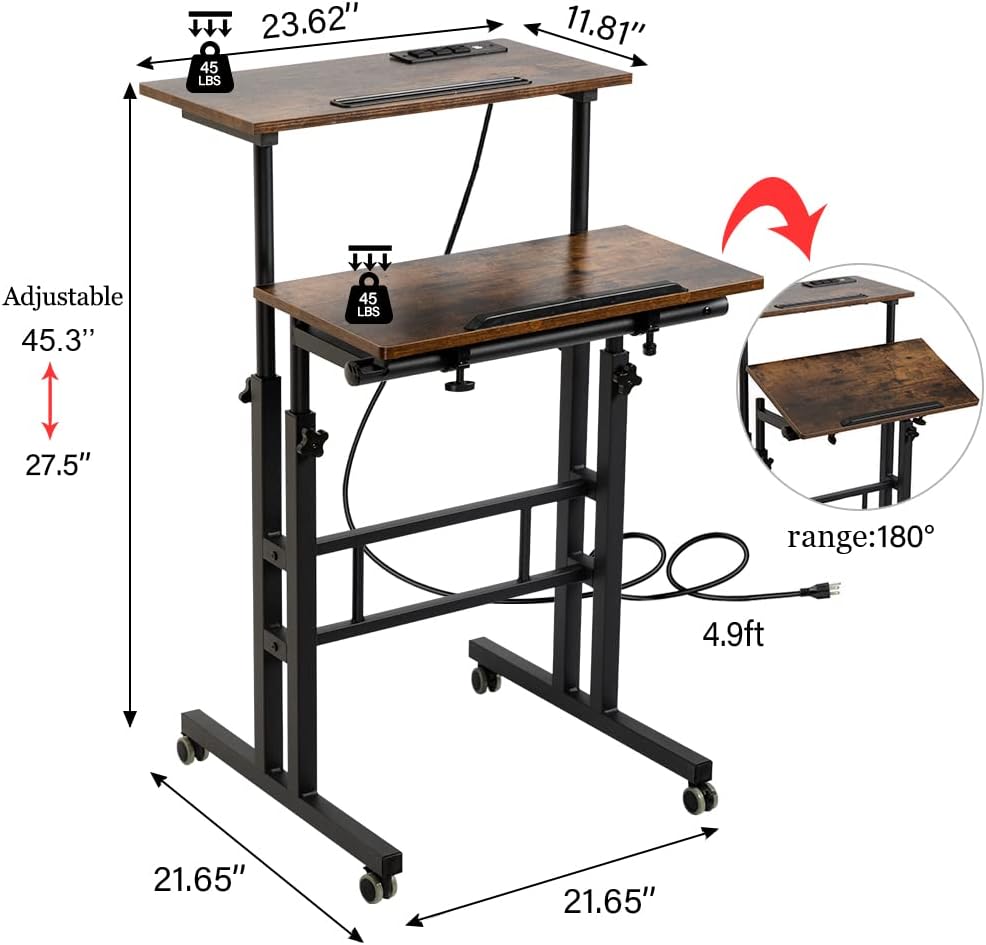 Hadulcet Mobile Standing Desk with Wheels, Rolling Desk Adjustable Height, Portable Laptop Table with Charging Station, Sit Stand up for Home Office, Study, Classroom, Rustic Brown