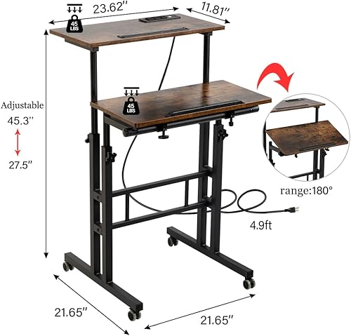 Miniatura 18 de Hadulcet Escritorio móvil de pie con estación de carga, escritorio ajustable para computadora de pie, carrito ajustable para laptop con ruedas para