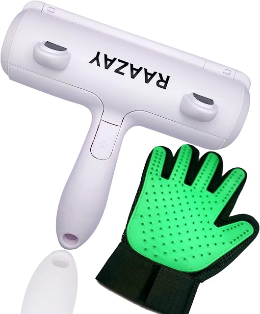 RAAZAY Pet hair remover roller, with upgraded handle, removes lint, fur, and hair from most fabrics sofa, carpet, bedding, car seat, reusable cat dog hair removal kit, free pet grooming glove.