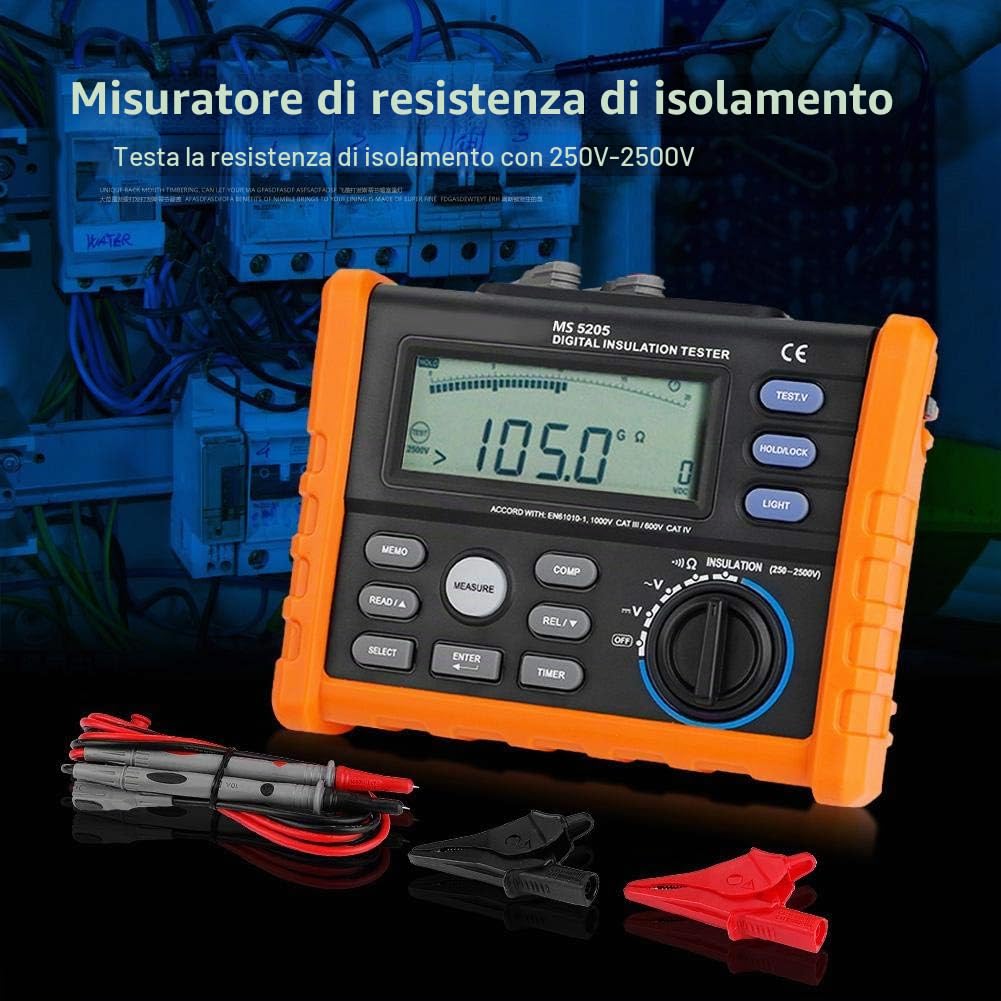 Misuratore Resistenza di Isolamento, Akozon MS5205 Tester Isolamento 250V-2500V Megaohmmetro Digitale Professionale Prova di Continuità con Display LCD Retroilluminato Test di Tensione CC e CA