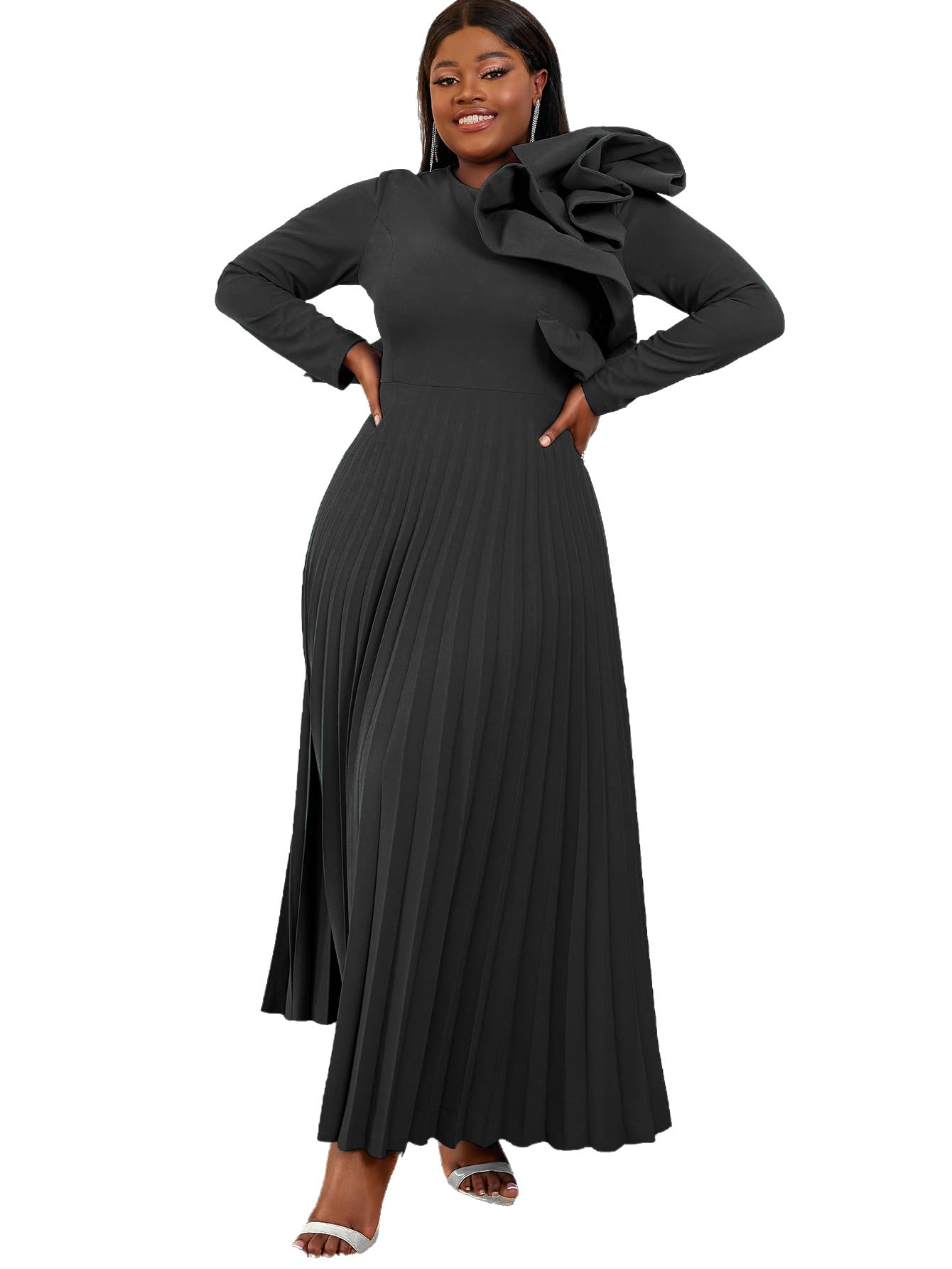 AOMEI Women's Long Sleeve Pleated A-Line Maxi Dress