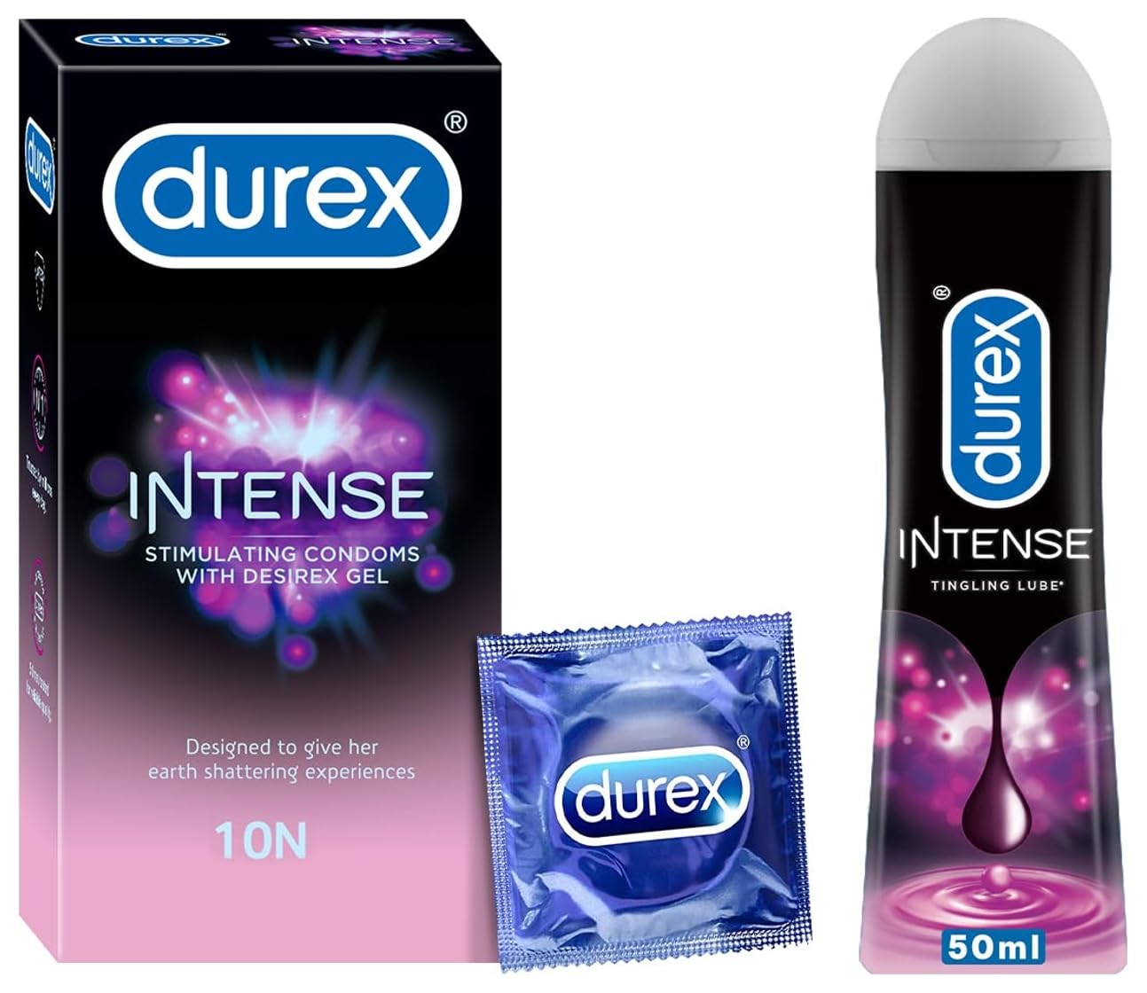 Durex Lube Intense Lubricant Gel For Men & Women - 50Ml | Water Based Lube  & Intense Condoms For Her - 10 Count