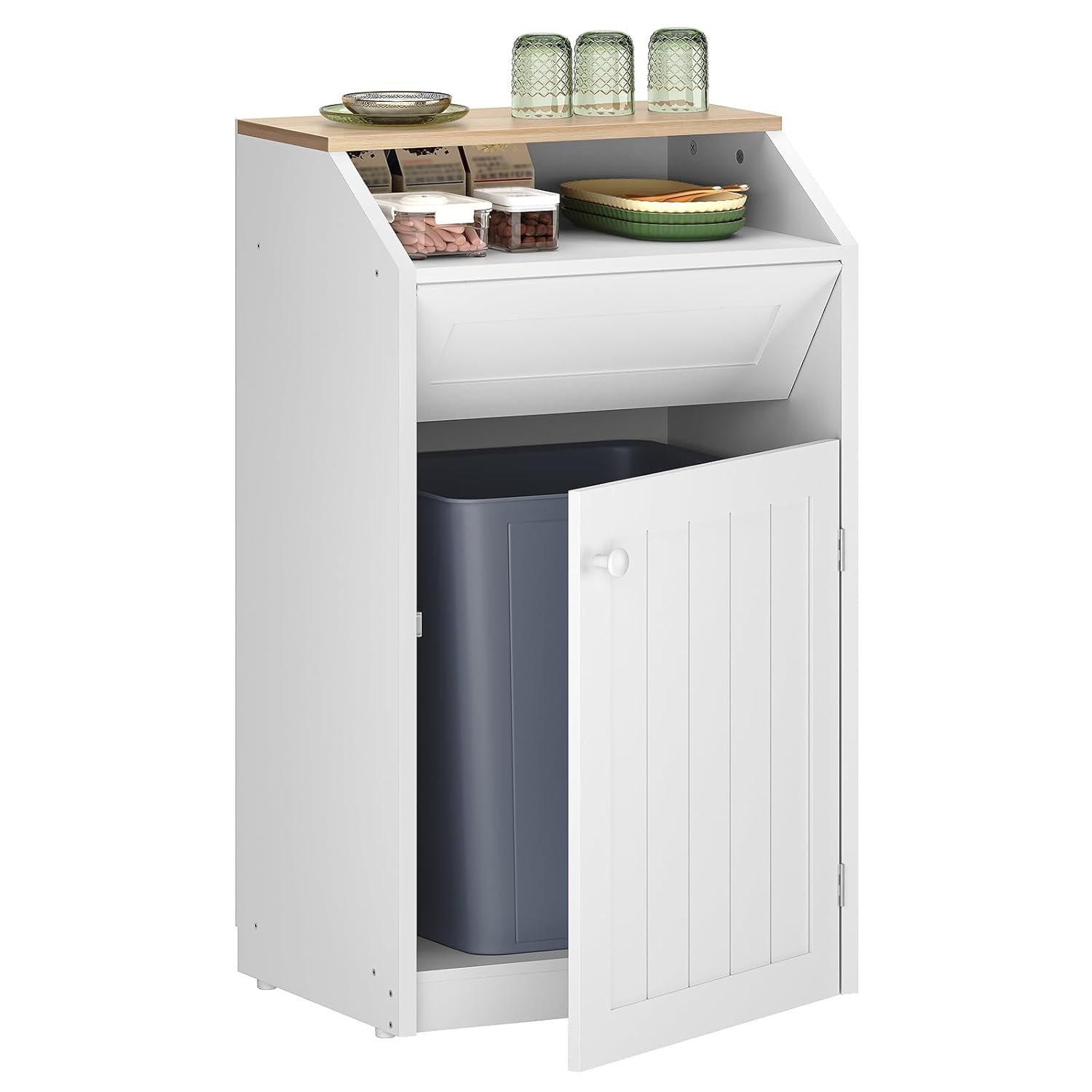 Trash Cabinet, Freestanding Trash Can Cabinet, Wooden Recycling with Flip Door, 10 Gallon Hidden Kitchen Garbage Can for Kitchen, Living Room, White WB01WT