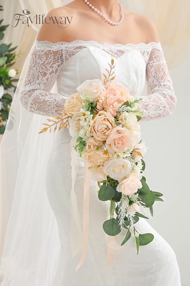 Wedding Bouquets for Bride, Champagne Cascading Bridal Bouquet Artificial Flowers，9.8 Inch Bride Bouquets for Wedding Decoration, Boho Ceremony,Church, Anniversary Decor - Image 7
