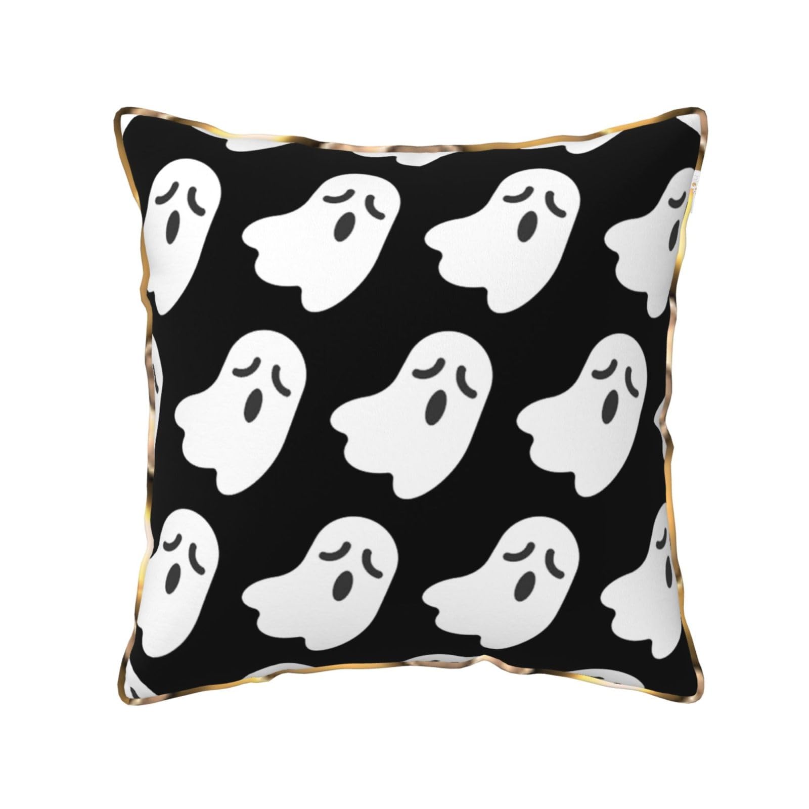 AUBKFELD Cute Ghost Halloween Pattern Printed Velvet Cushion Cover 40x40 CM with Gold Edging Strip, Square Pillowcase Soft Throw Pillow Covers Case Decorative for Living Room Sofa Couch Bed Bench