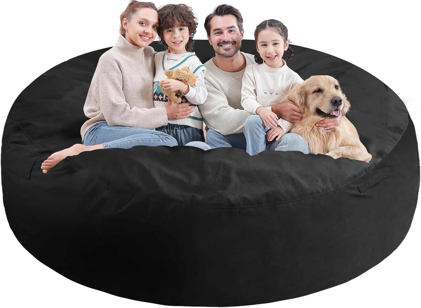 7FT Bean Bag Chair, Large Bean Bag Chairs with Memory Foam Filled, Fluffy Beanbag Sofa with Dutch Velvet Cover, Round BeanBag Chairs for Living Room, Playroom - Black