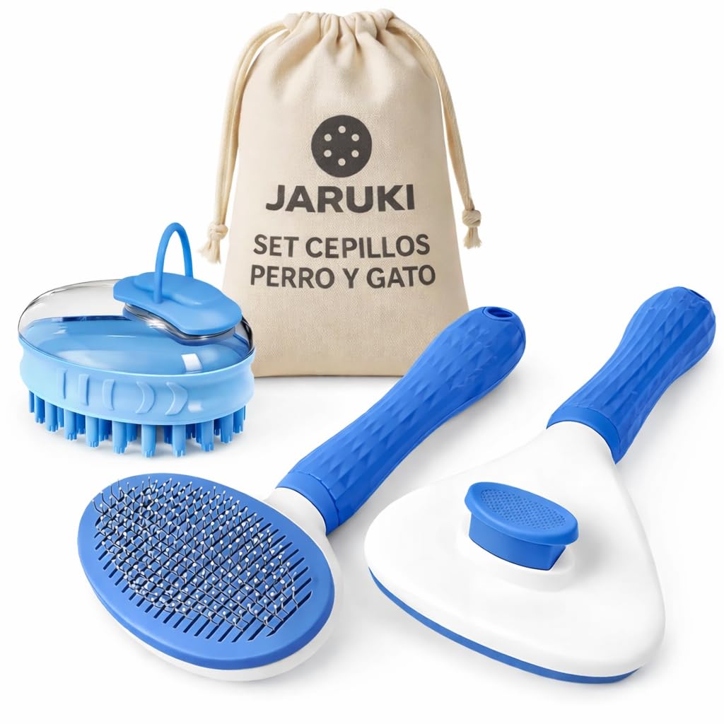 Jaruki® | Kit Aseo Mascotas 3 en 1 | Cepillo de Baño con Dosificador Champú + Cepillo para Perros y Gatos + Bolsa Almacenaje | Peine Perro y Gato Seguro para tu Mascota | Cepillo Sistema Recogepelos