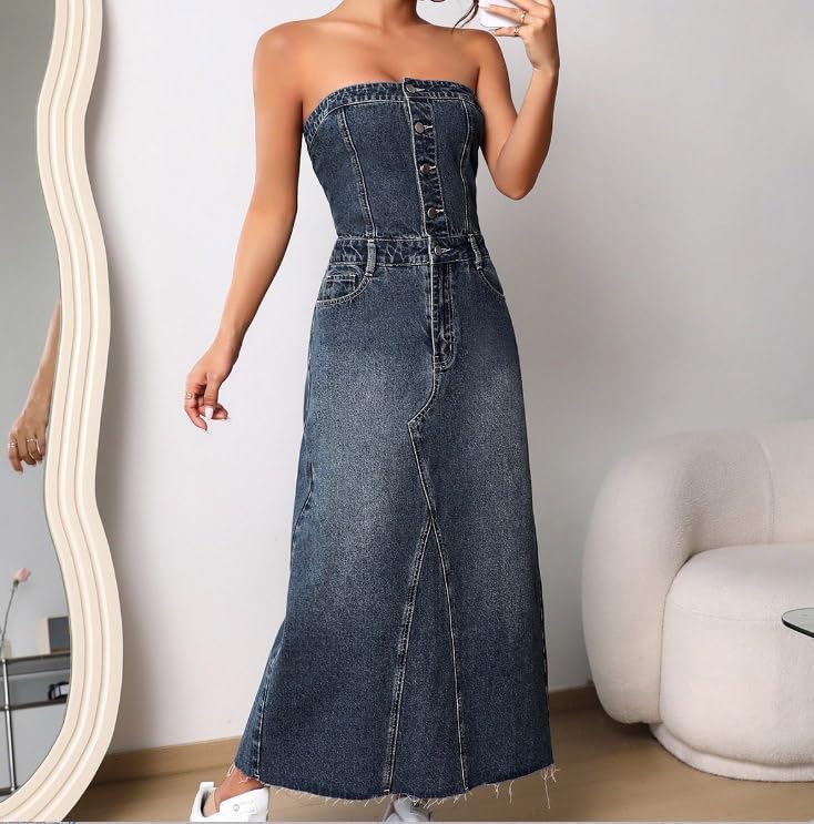 utcoco Denim Dress for Women Sexy Strapless Denim Tube Tops Back Smocked Jean Dresses for Women 2025 - Image 2