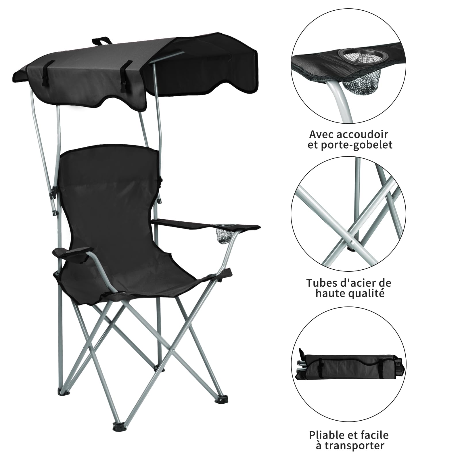 Chaise Pliante Camping Fauteuil Pliable Chaise de Plage Ultra léger avec Porte Gobelet et Sacs de Transport, Parasol, Idéal Voyages, Pêche, Festival, Camping, Plage (Noir)