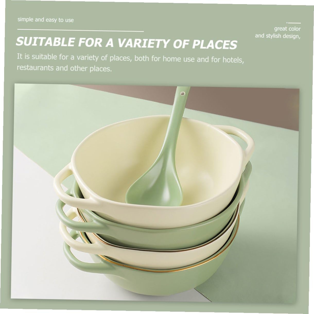 BESPORTBLE Ceramic Double Handle Soup Bowl Baking Dish Matcha Green Salad Bowl Instant Noodles Serving Dish for Kitchen and Dining