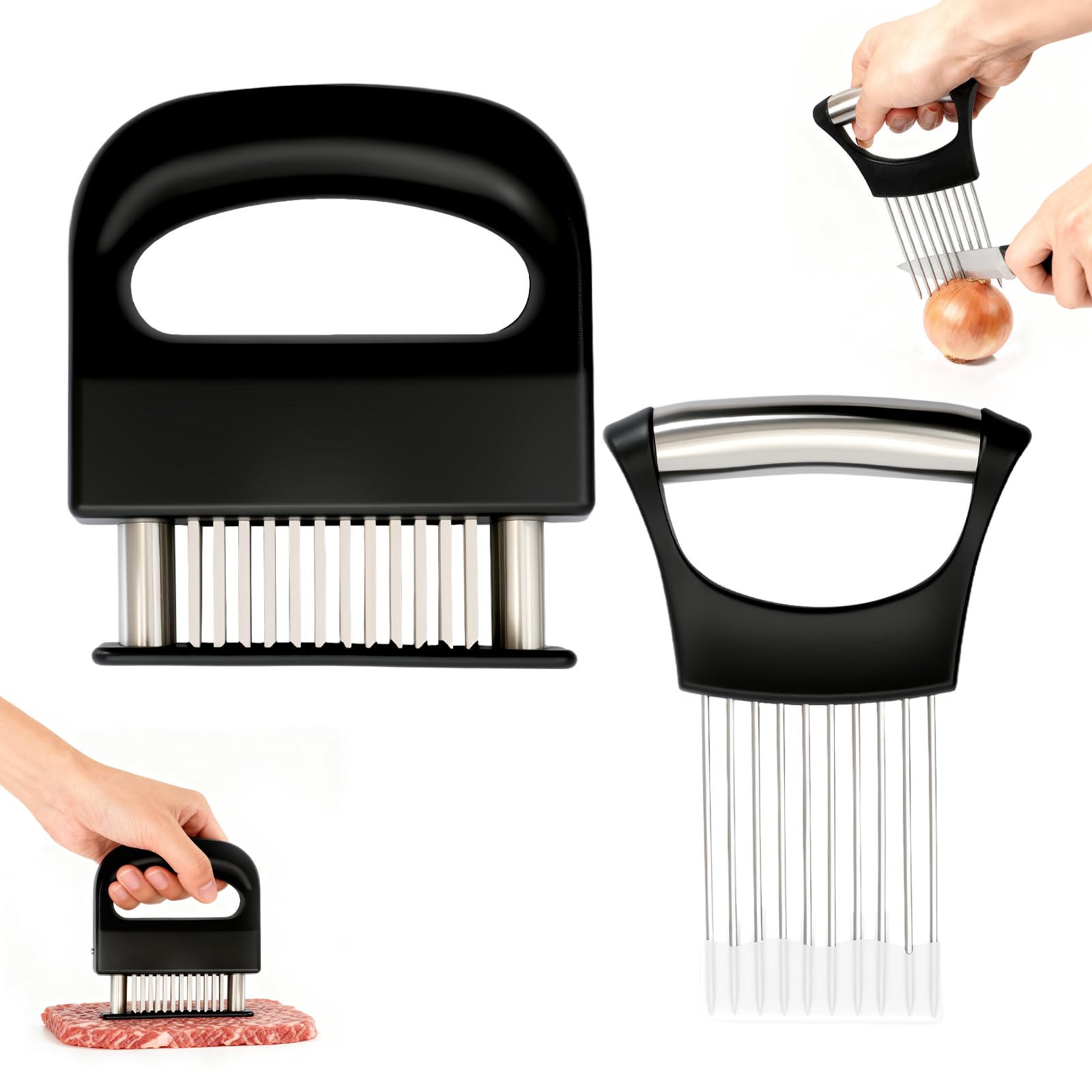 Juego Combinado de Ablandador de Carne y Aguja para Cebolla, 2 Piezas, Ablandador de Carne de Acero Inoxidable de 48 Pines, Utensilio de Cocina Multiusos para Carne de Res y Carne