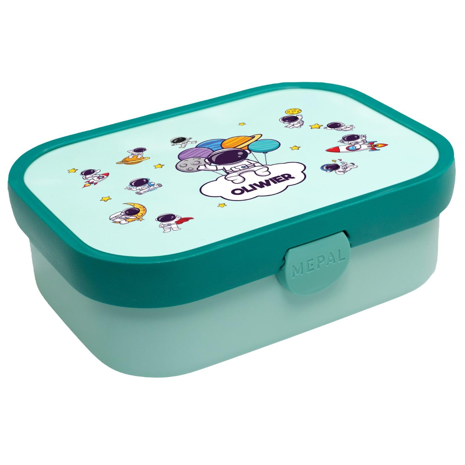 Ferocity Zestaw lunchbox dla dzieci, chłopców, do szkoły, z imieniem, pudełko na lunch, butelka na wodę, nie zawiera BPA, do zabrania w podróż, z widelcem i przegrodą na bento, astronauta [153]