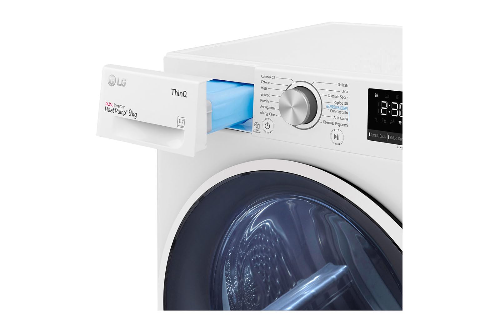 LG RH90V9AVHN Sèche-linge intelligent à chargement frontal 9 kg, classe C, condensation avec pompe à chaleur, Wi-Fi avec SmartThinQ, Eco Hybrid, Allergy Care, 60 x 69 x 85 cm - Blanc
