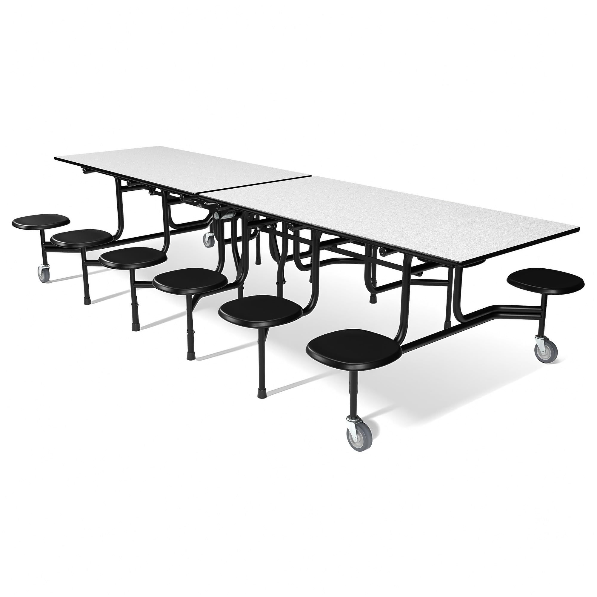 Palmer Hamilton Mobile Folding Stool Cafeteria Table, 12' Long Table with Casters, 12 Attached Stools, Commercial Grade, Space-Saving for School,