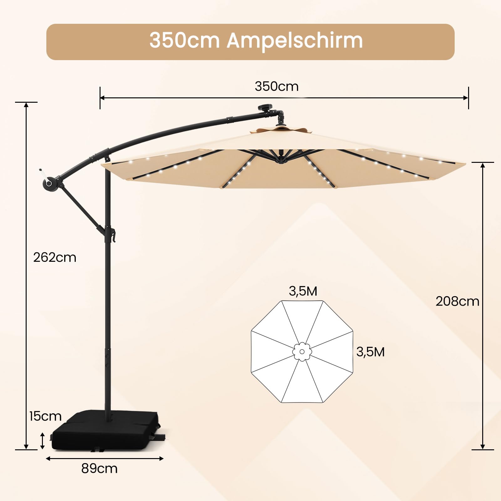 COSTWAY Parasol przeciwsłoneczny 350 cm ze stojakiem i diodami LED, parasol przeciwsłoneczny z korbą, parasol ogrodowy, ochrona przed promieniowaniem UV, parasol na taras, do ogrodu, na taras (beżowy)